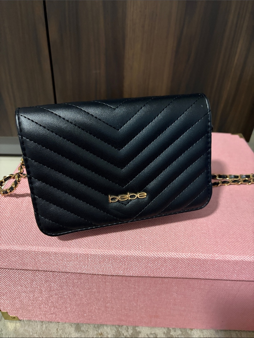 bebe Black Quilted Chevron Crossbody with Gold Chain